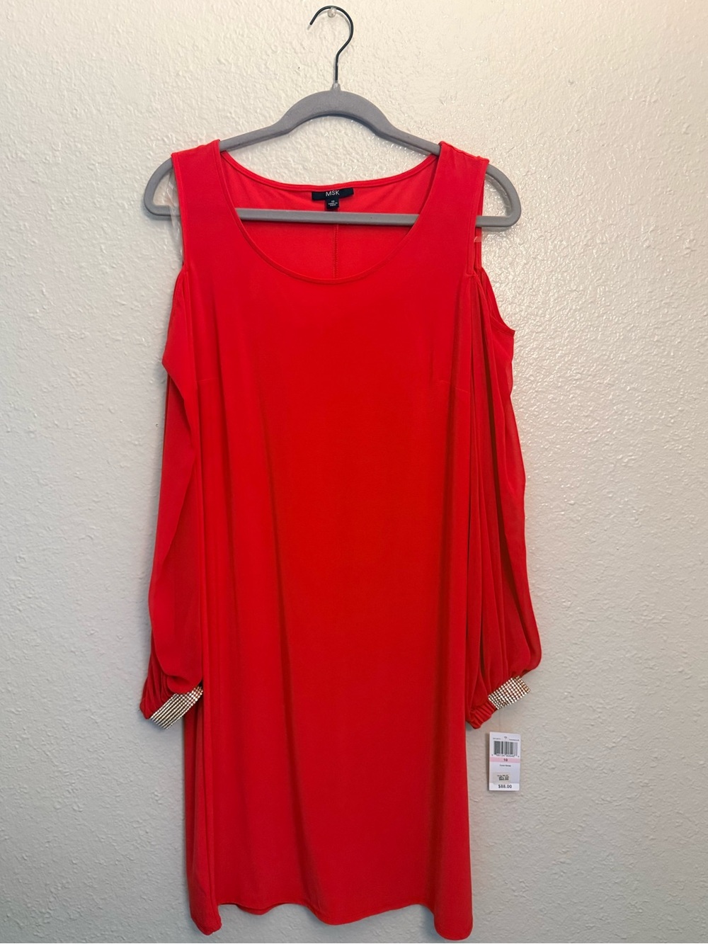 MSK Red Cold-Shoulder Pleated-Sleeve Midi Dress